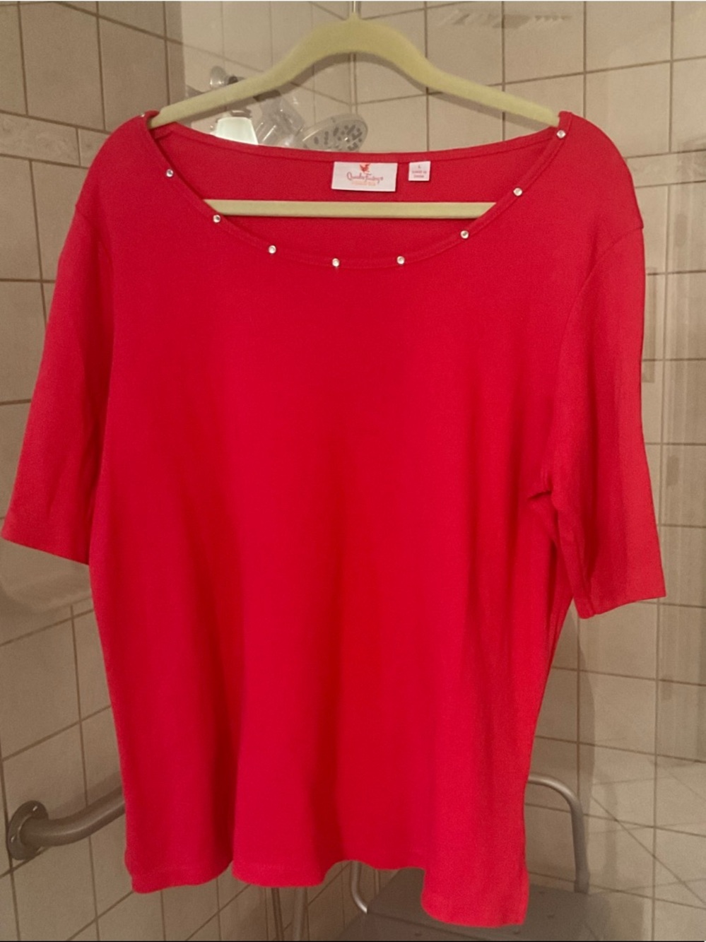 Quacker Factory Bright Red Short Sleeve Scoop Neck Tee with Pearl Studs